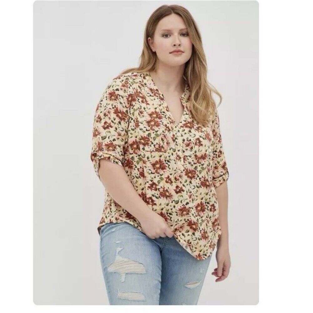 Torrid Harper Yellow Floral Rayon Twill‎ Pullover 3/4 Sleeve Blouse Size 2X